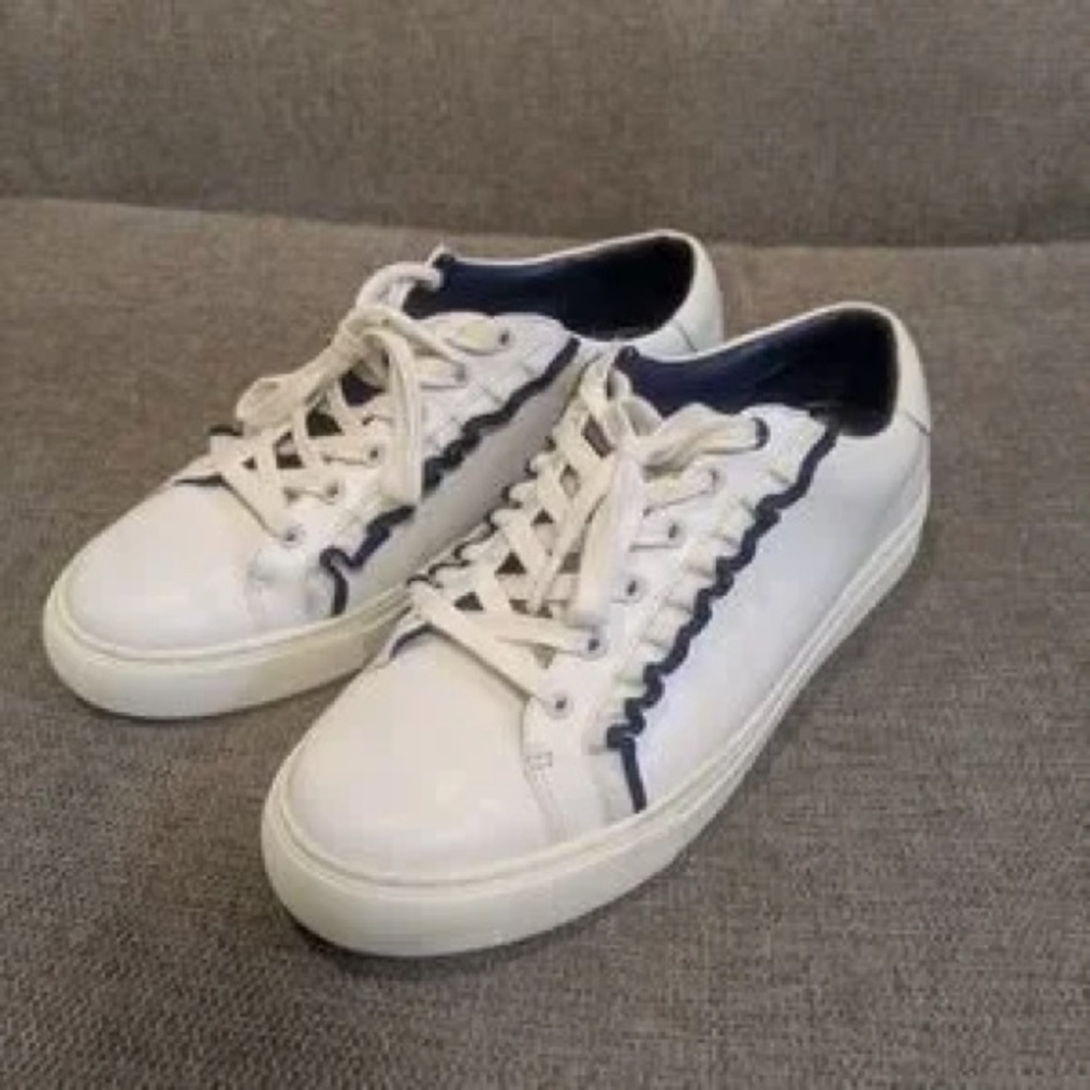 Tory Sport White Leather Sneakers with Navy Scallop Trim